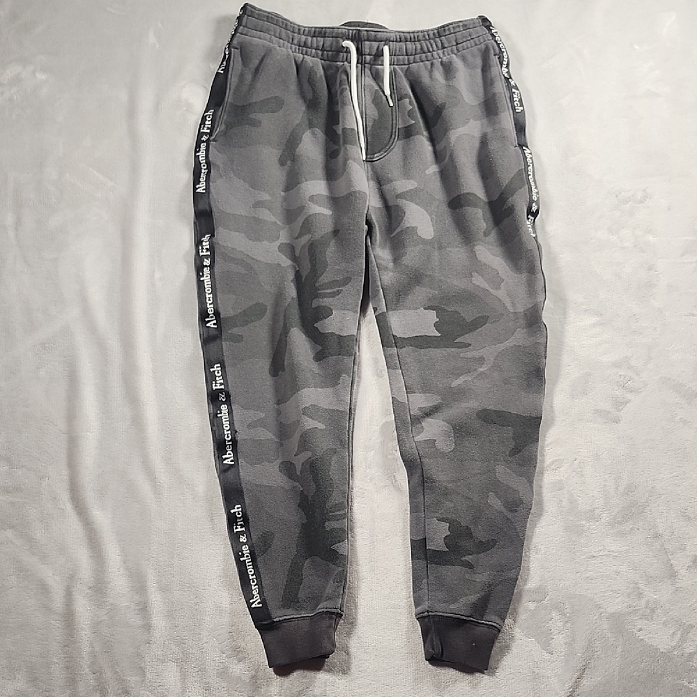 Abercrombie & Fitch Black and Gray Track Pants with Camo Design